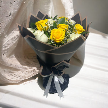 Radiant Rose Bouquet, White Roses, Yellow Roses, Limonium, Ruscus